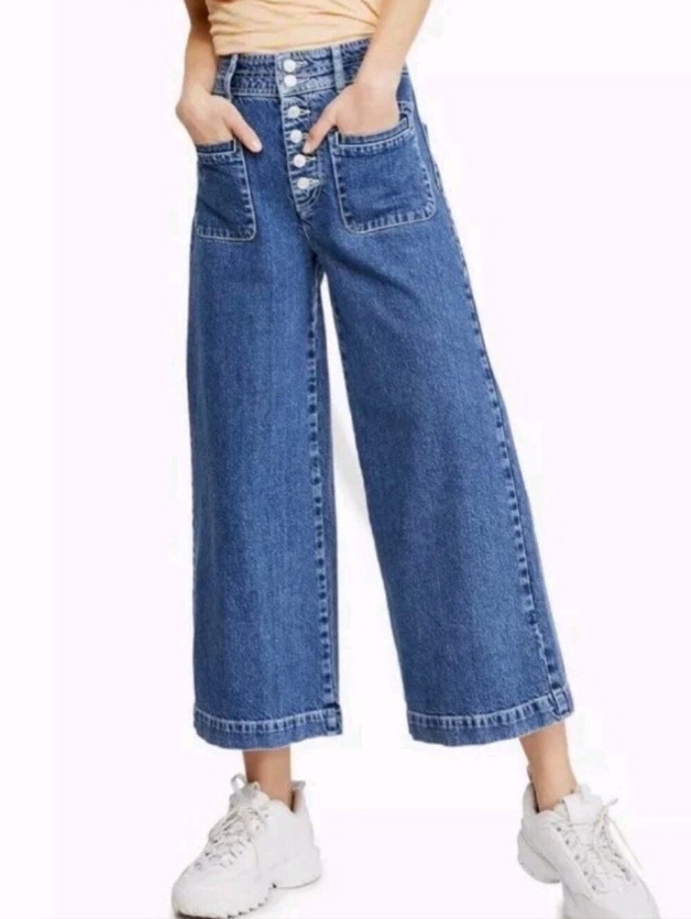 We The Free Size 30 Colette Crop High-Rise, Wide-Leg, Button-Fly Jeans Denim